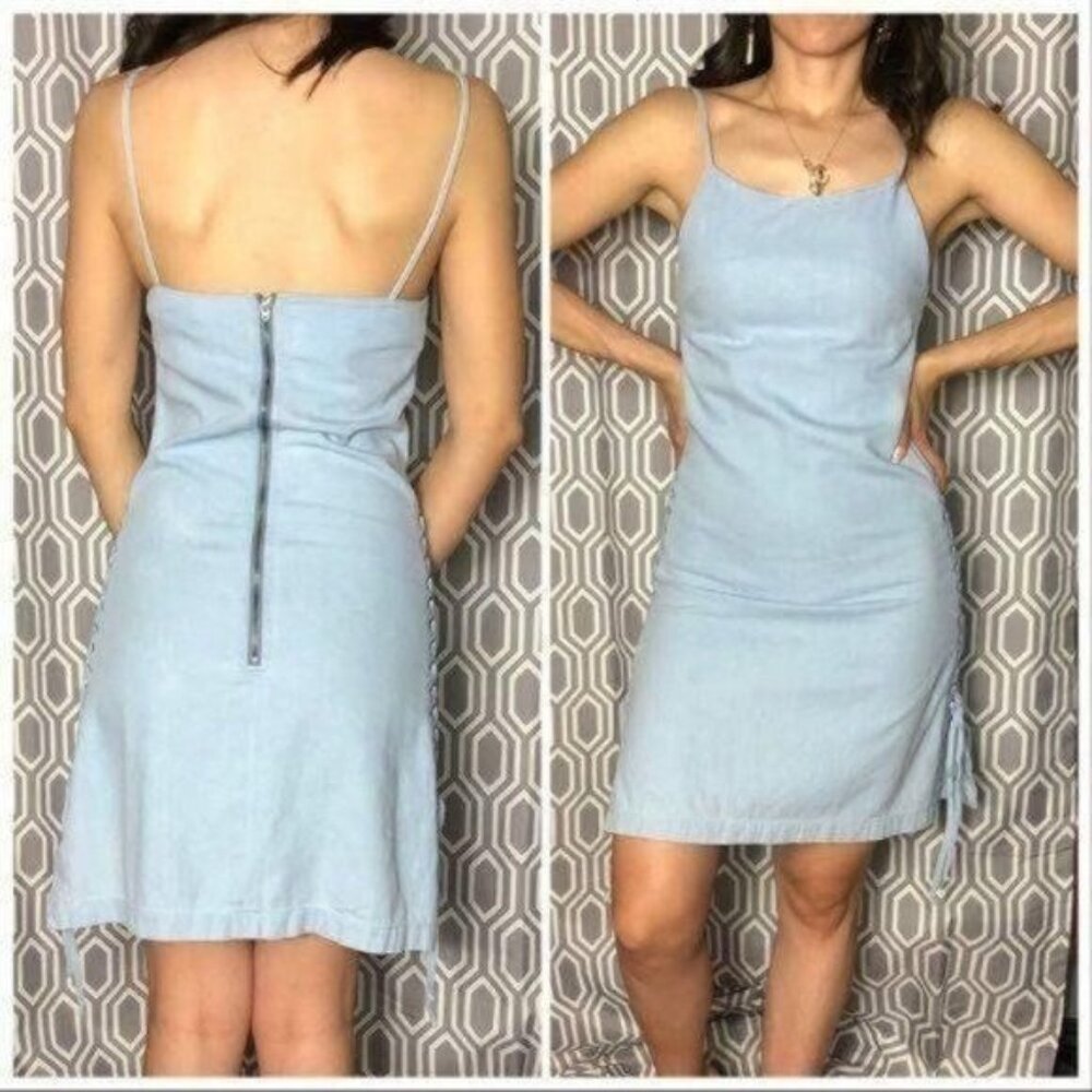 Light blue summer dress with lace up detail